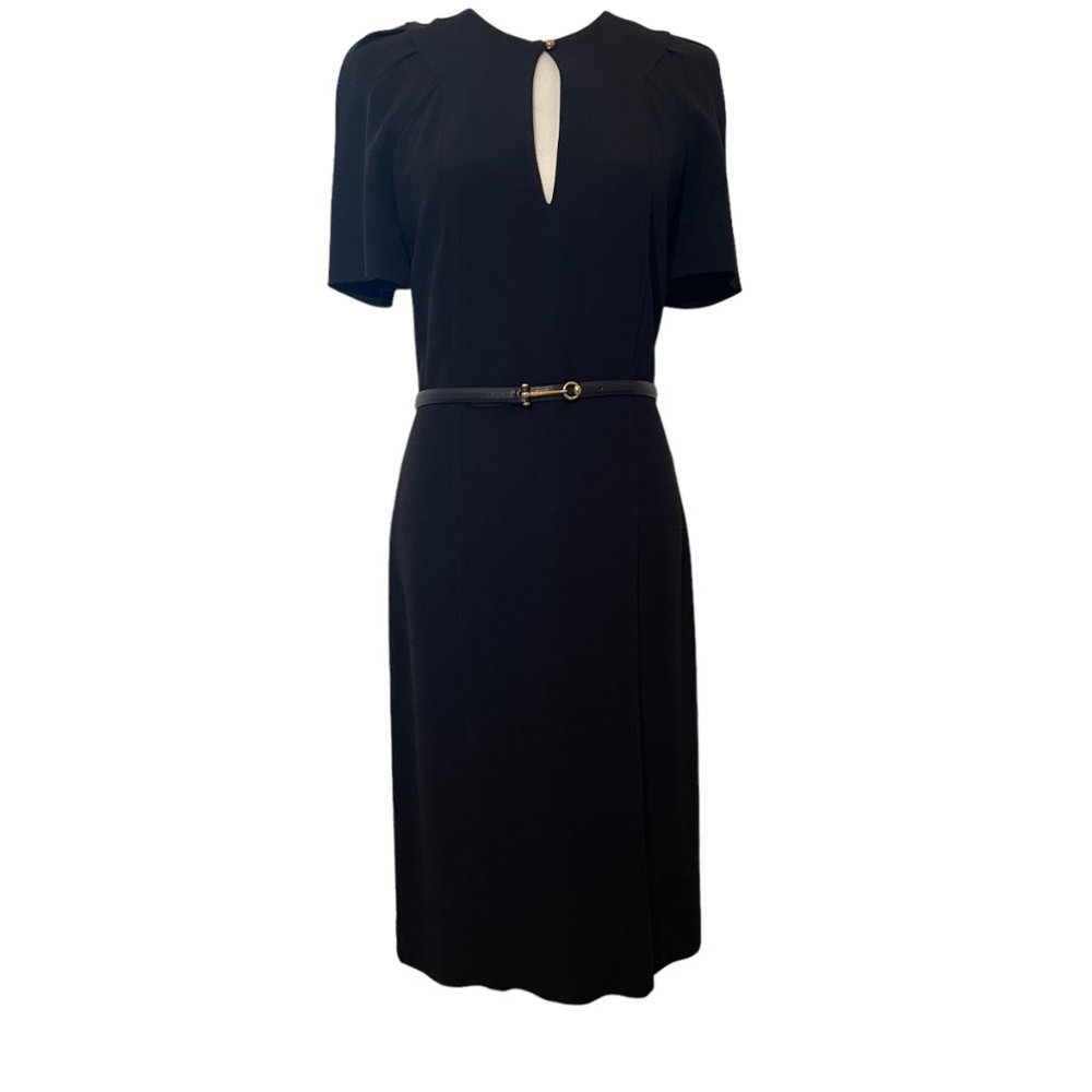 GUCCI Black Short Sleeve Keyhole Sheath Midi Dress w Leather Horsebit GUCCI Belt